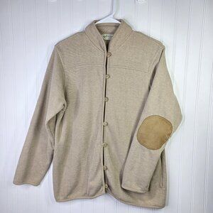 Orvis Cardigan Sweater Womens M Beige Elbow Patch Academia Heritage Preppy Cozy